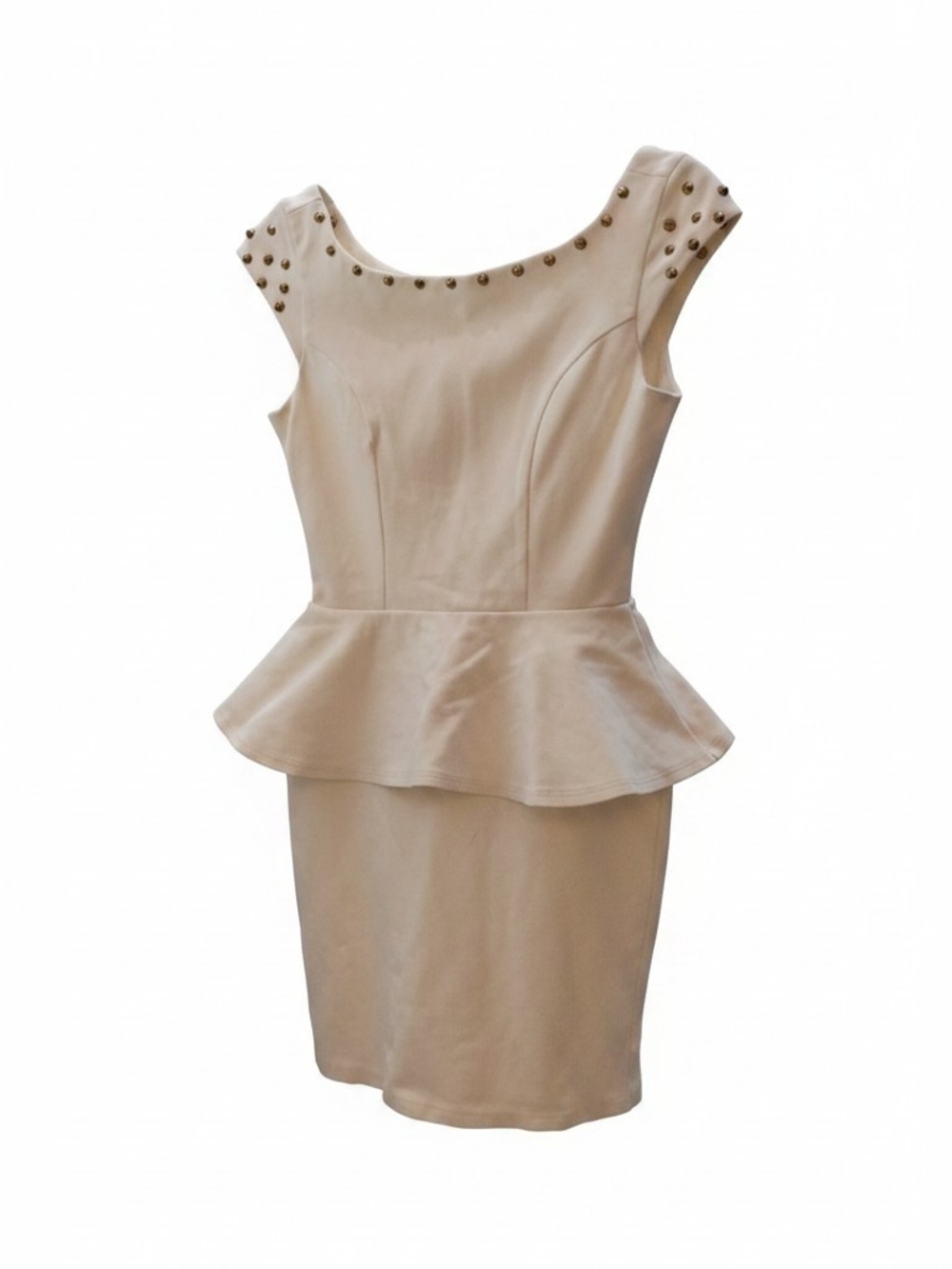 Arden B. Beige Peplum Sheath Dress w Studded Shoulders SZ S